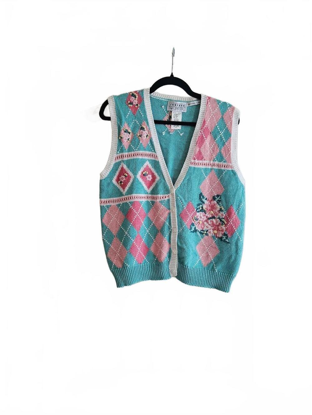 Jantzen Classic Embroidered Argyle Knit Vest in Turquoise and Pink-PL-90sVintage